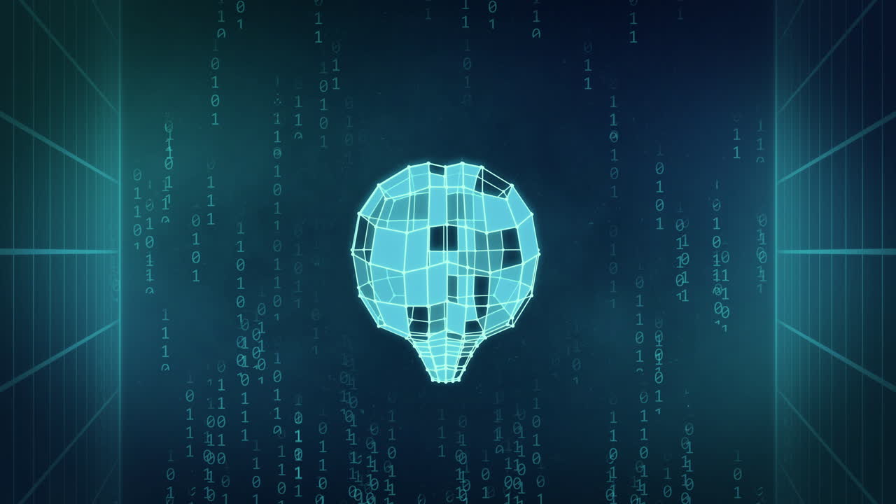Animation of blue cuboid brain rotating over binary data and blue grids on dark blue background