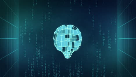 animation of blue cuboid brain rotating over binary data and blue grids on dark blue background