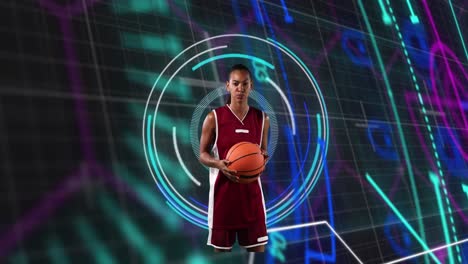 animation of african american female basketball player over scope scanning on black background