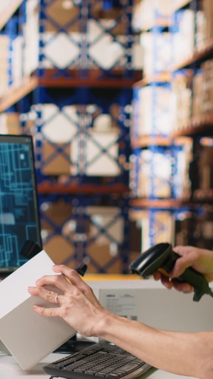 Vertical Video Asian staff member using artificial intelligence to scan shipping labels