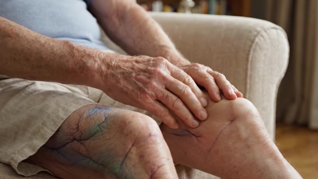 Une perspective rapprochée sur le processus de vieillissement : examen des rides, des veines et des mains d'un homme âgé se relaxant dans un environnement de salon confortable