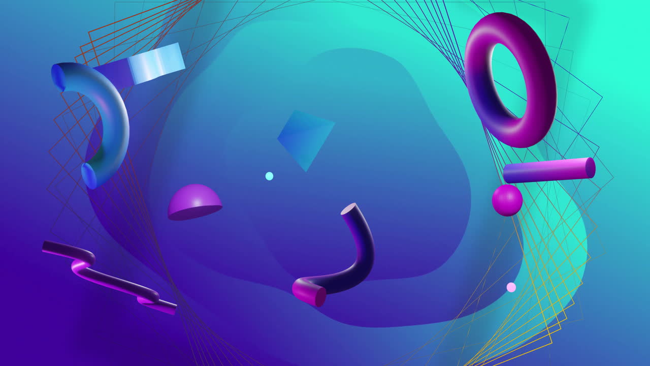 Animation of 3d blue and purple shapes rotating over network structure on abstract blue background