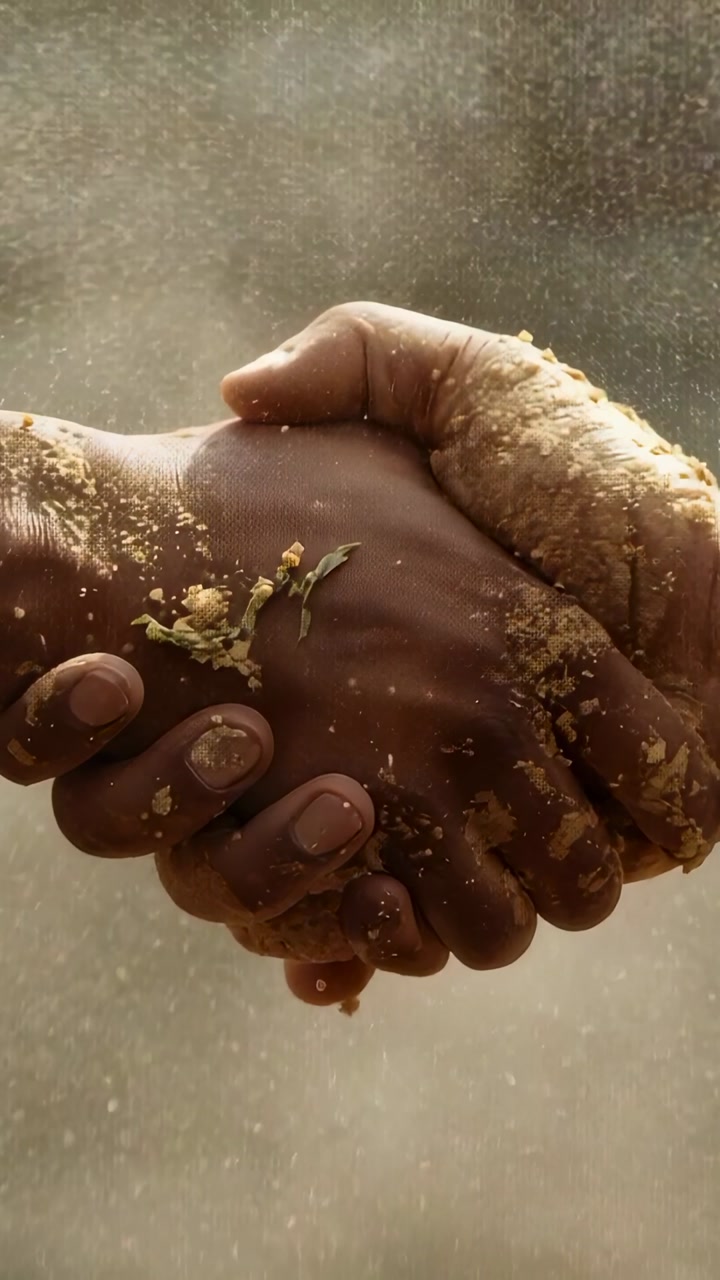 Vertical video: Clasping two hands, meeting and holding firm at dry field, sealing pact with pollen