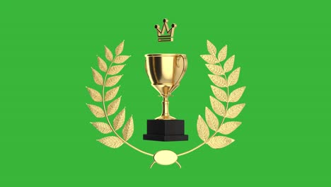 4k resolution video: golden award trophy cup with winner award gold laurel wreath rotating animation on green screen chroma key