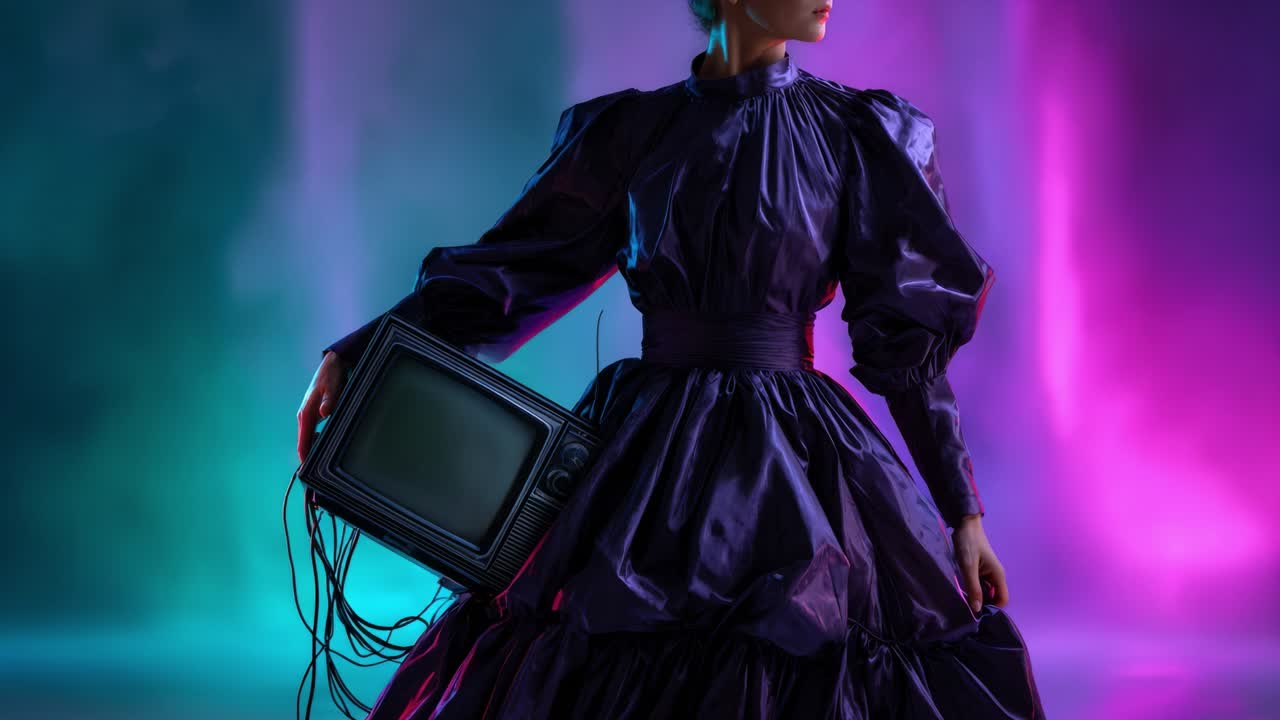 Una donna elegante in abito viola tiene in mano un televisore retrò, sullo sfondo di uno sfondo vibrante e colorato con coinvolgenti effetti di luce.