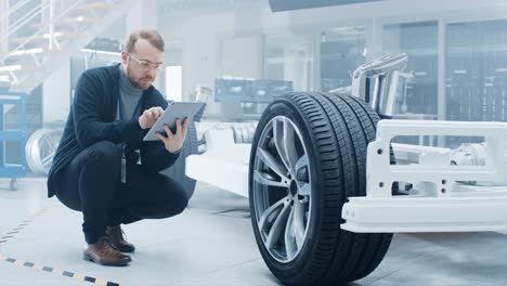 engineer with glasses and beard works on a tablet computer next to an electric car chassis prototype with wheels, batteries and engine in a high tech development laboratory.