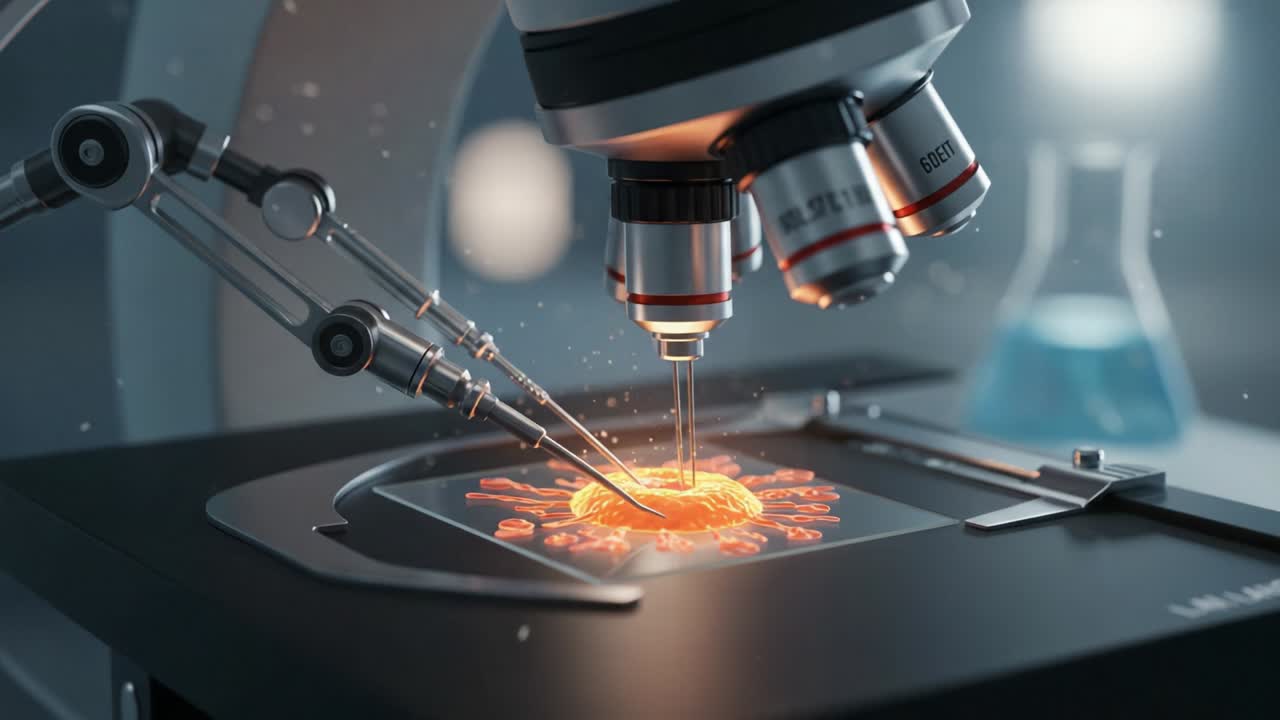 Fascinating Close-Up of a Microscope Analyzing a Vibrant Biological Sample, Showcasing the Intricate Details of a Cellular Structure in a Laboratory Environment