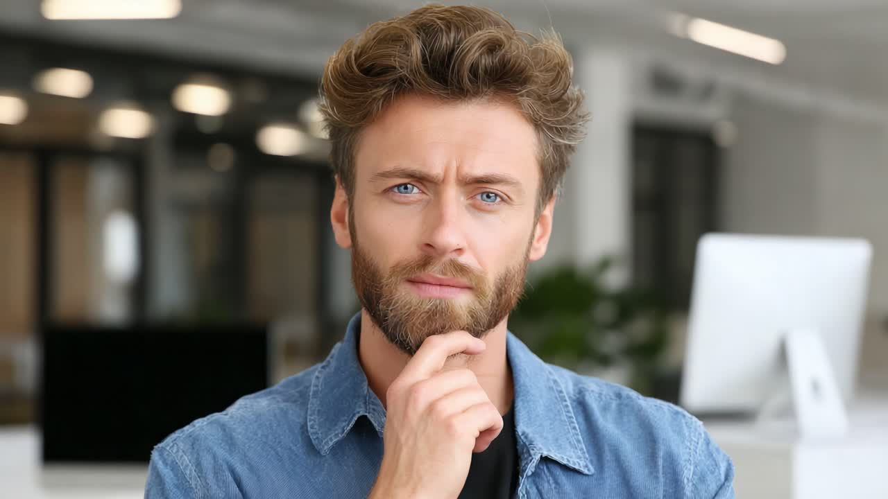 A Thoughtful Young Man with a Beard and Stylish Hair Poses in a Modern Office Setting, Showcasing a Reflective Expression and Engaging Presence