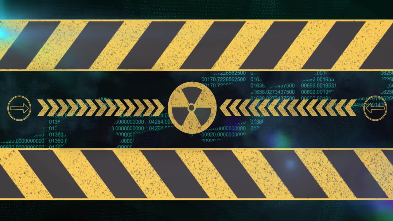 검은 바탕에 있는 데이터 처리 및 방사능 기호의 애니메이션