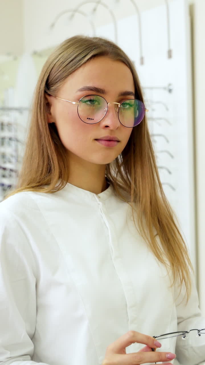 Beautiful girl wearing eyeglasses. Elegant fasionable woman choosing eyeglasses in optical store