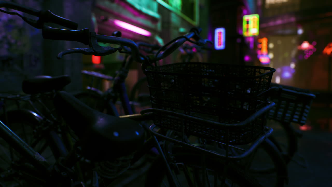 Bicycles parked in a neon lit alley during the night in a bustling city