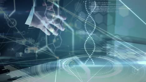 animation of man using interface with dna, communication network and processing data