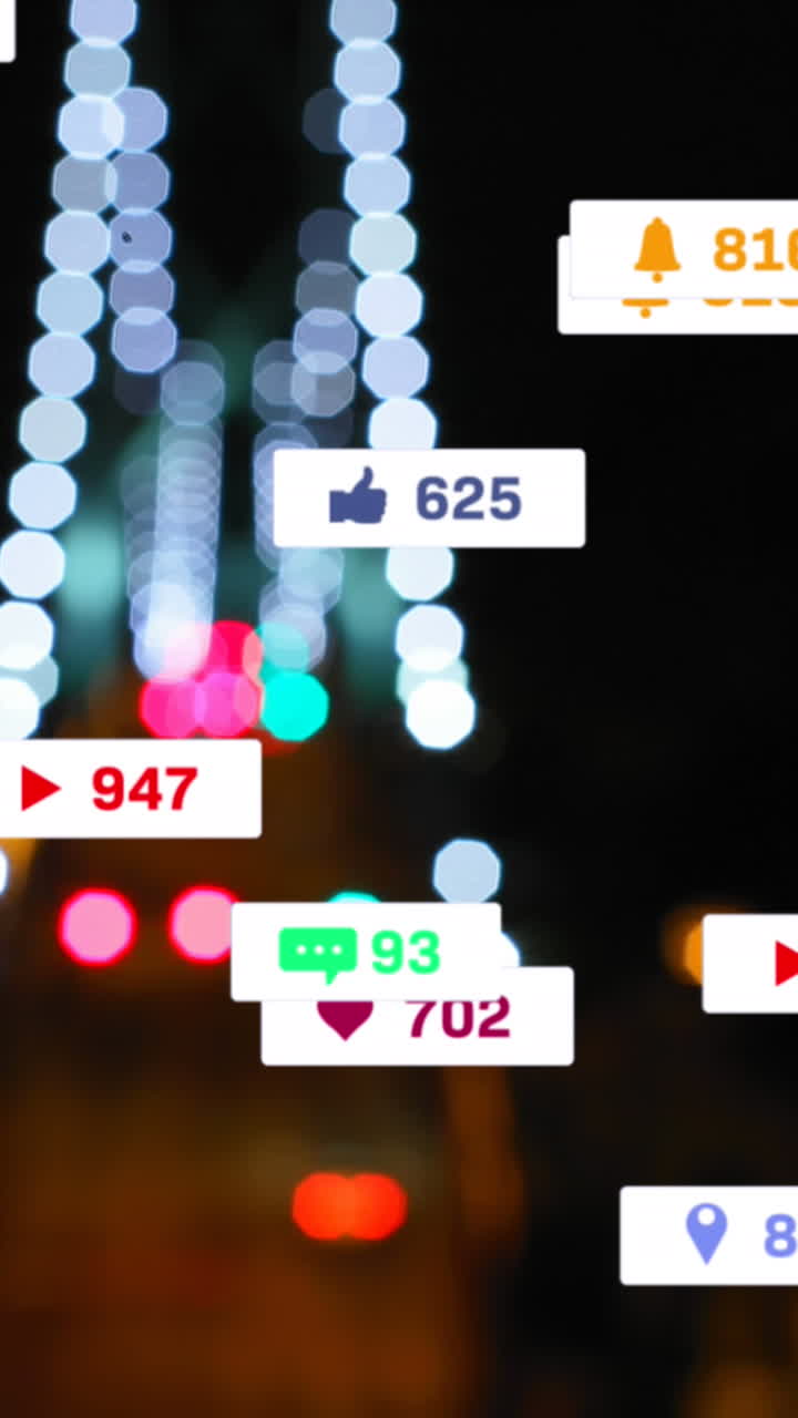 animación de iconos y números de redes sociales fuera de foco ciudad y semáforo