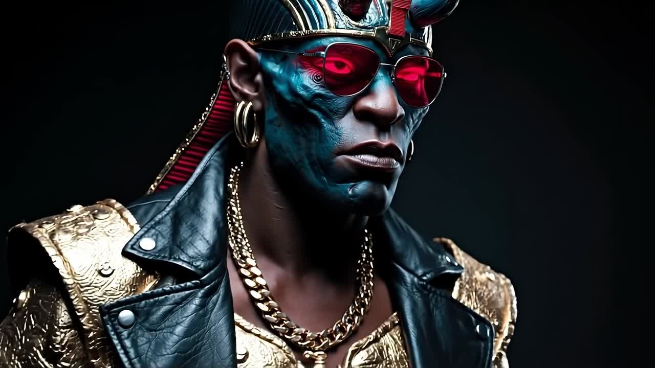 A man with blue face paint and red sunglasses