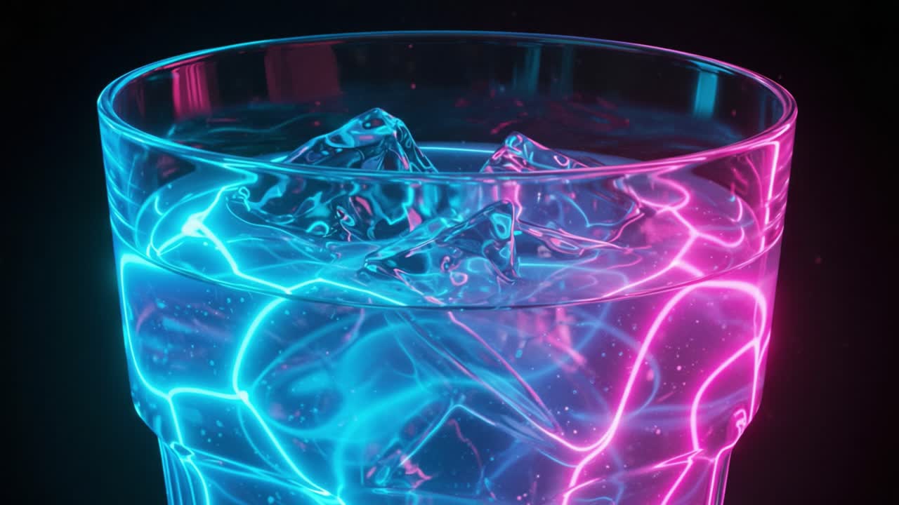 A Stunning Visual of a Glass Filled with Crystal Clear Water and Ice Cubes, Enhanced by Vibrant Neon Blue and Pink Lighting Effects for an Eye-Catching Aesthetic