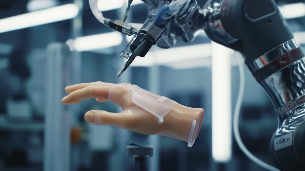 A robotic hand demonstrates impressive dexterity and precision as it manipulates small objects in a high-tech laboratory setting. Engineers oversee the intricate movements.