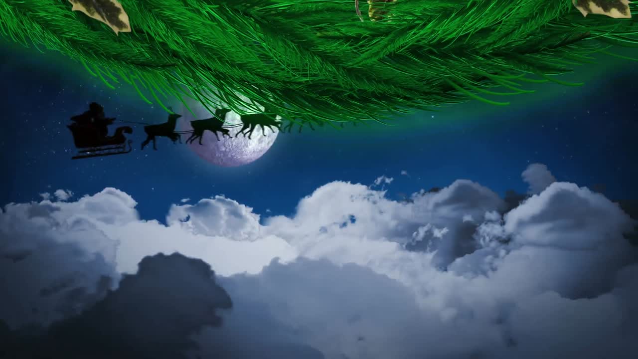 산타클로스 위 에 있는 크리스마스 꽃줄기 장식물 은 밤 하늘 에 맞서 사 ⁇  들 이 끌고 있는  ⁇ 매 이다