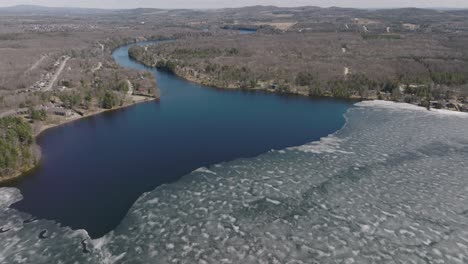 ice sheets floating in the calm waters of lake magog with stream