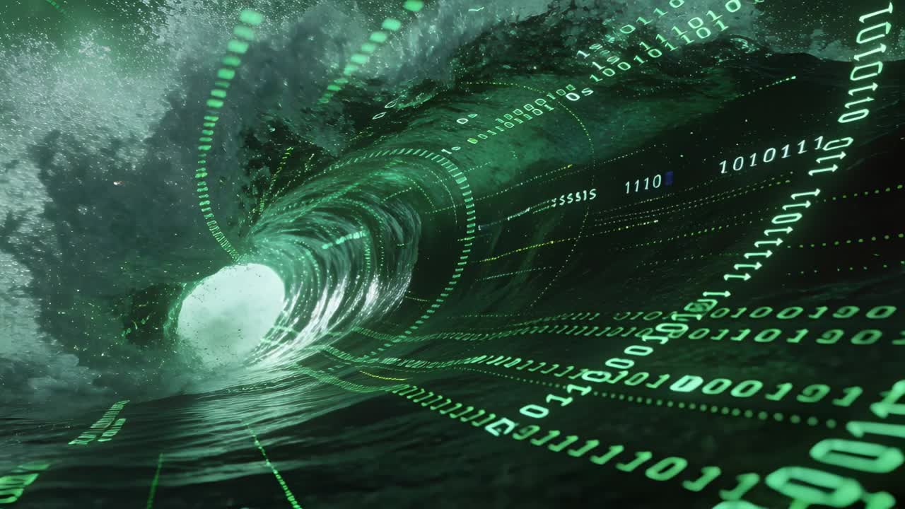 Surging wave in stormy sea flowing green binary code and HUD, camera pushing forward, breaking foam