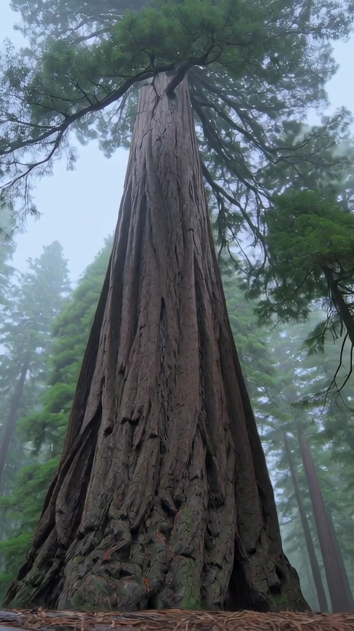 Video verticale: Telecamera che si inclina rivelando un tronco gigante e una chioma che si innalzano nella nebbia, mostrando l'altezza