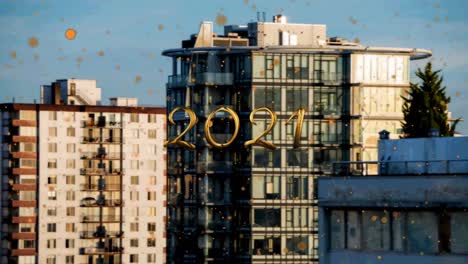 Animation-of-2021-and-yellow-spots-over-cityscape-in-background