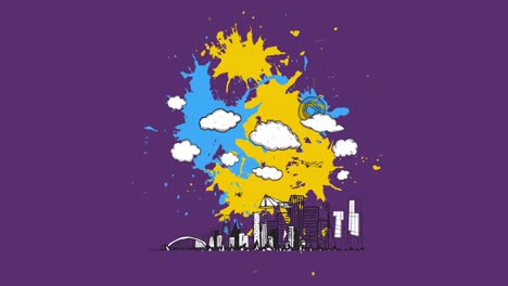 animación del paisaje urbano y manchas sobre fondo púrpura