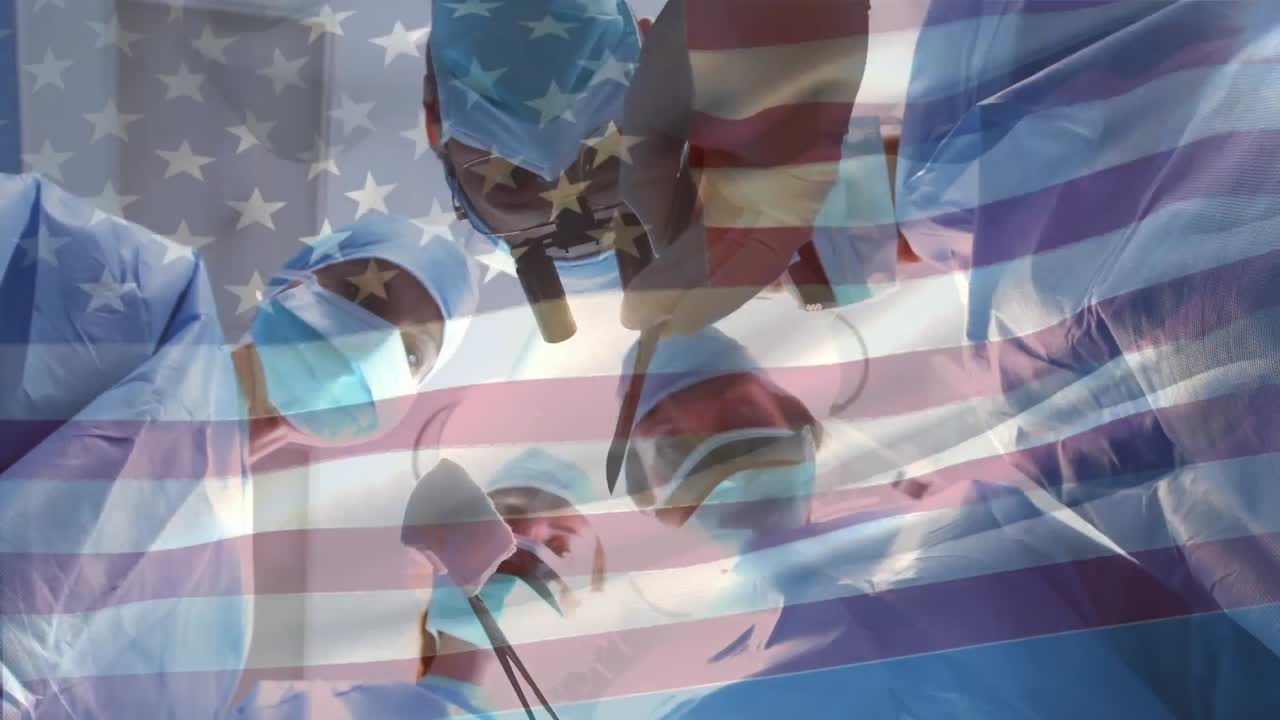 얼굴 마스크를 쓴 외과 의사 들 위 에 흔들리는 미국 국기 의 애니메이션