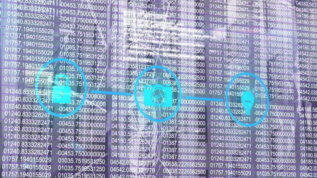 Animation of connected media icons over data processing and communication network on grey background