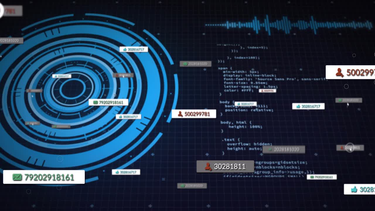 User email labels orbiting HUD causing cursor targeting icon revealing group info as code scrolling