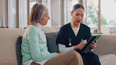 Senior-care,-old-woman-and-nurse-on-sofa