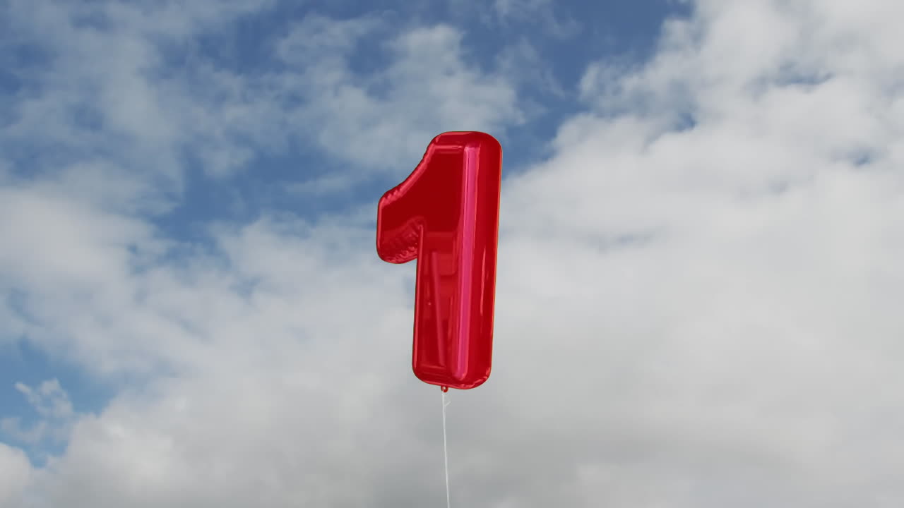 Animation of a number one red balloon over sky in the background.