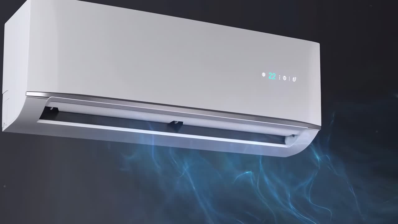 Video showcasing a sleek air conditioner from a low angle, highlighting cool airflow