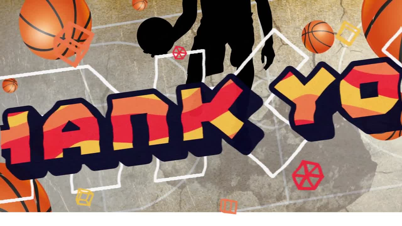 Animation of thank you text over basketball player silhouette
