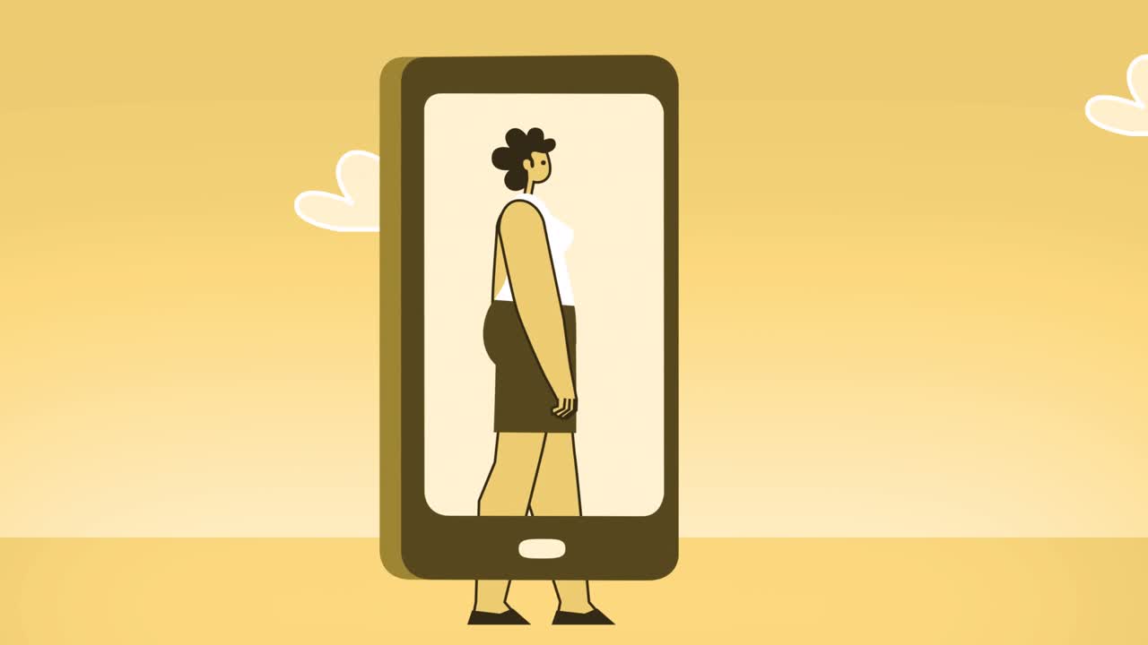 노란색 스타일의 평평한 여성 캐릭터가 스마트폰으로 고 있습니다. 가상 생활 개념. 알파 채널과 함께 고립된 루프 애니메이션