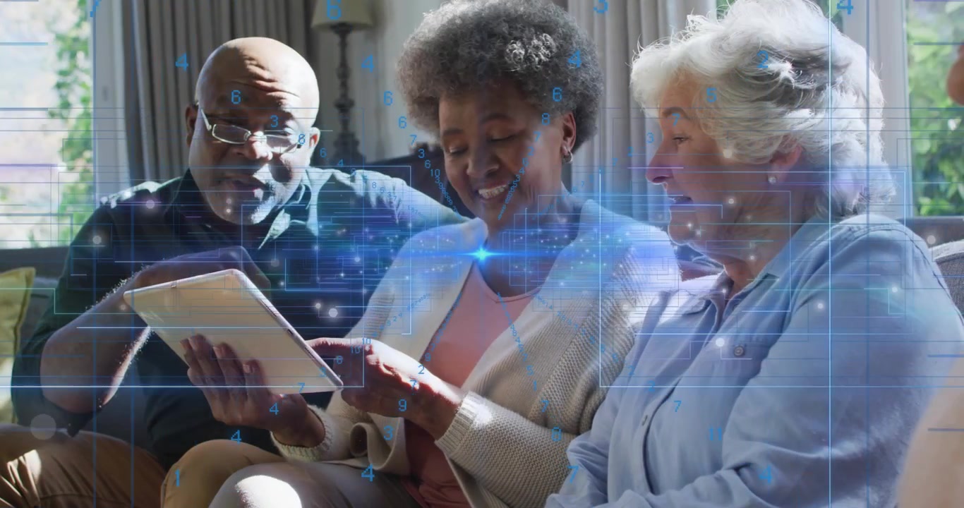 Four seniors exploring home technology using tablet tapping causing holographic charts floating