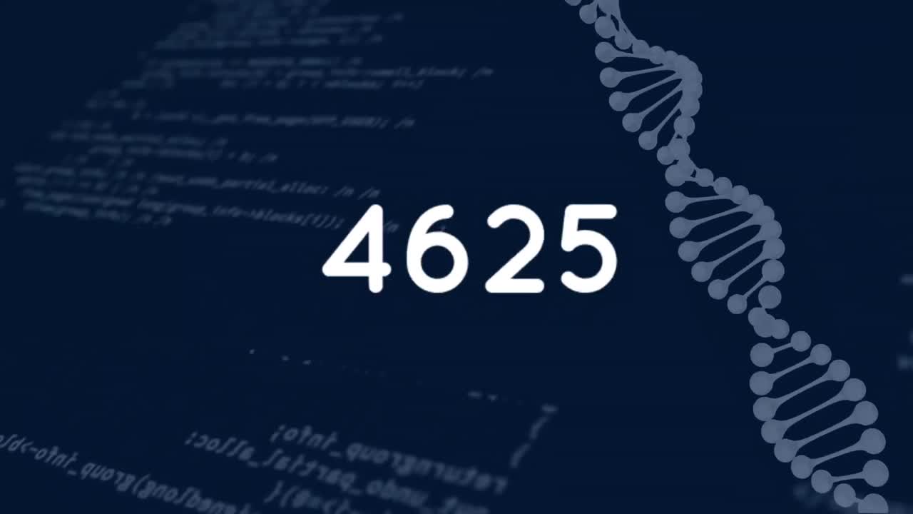 números crecientes sobre el procesamiento de datos contra la estructura del adn girando en fondo azul