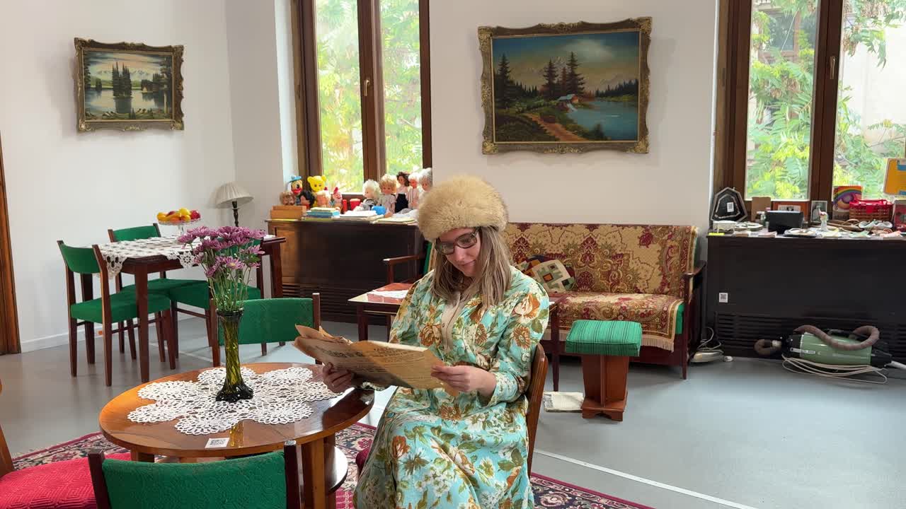 Tourist dressed up inside the communist museum house in Bucharest