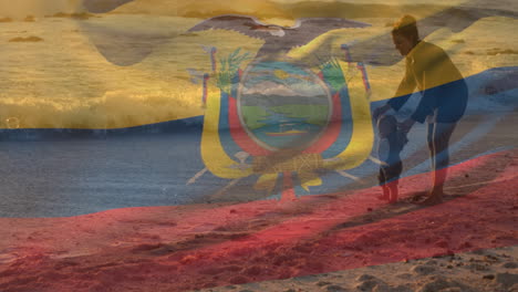 animation of flag of ecuador over caucasian mother with child at beach