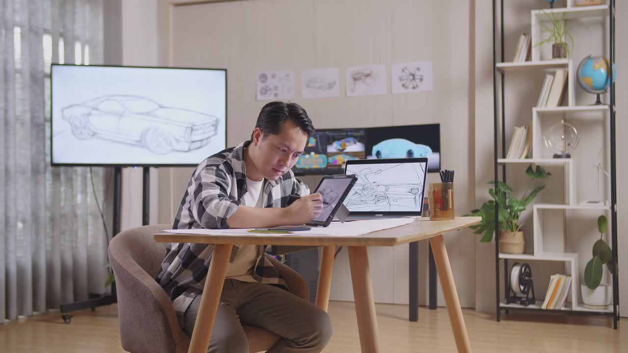 スタジオで、テレビやコンピューターに3D電気自動車モデルが表示されている中、タブレットで新しい車のデザインコンセプトを描くアジア人男性の横からの眺め