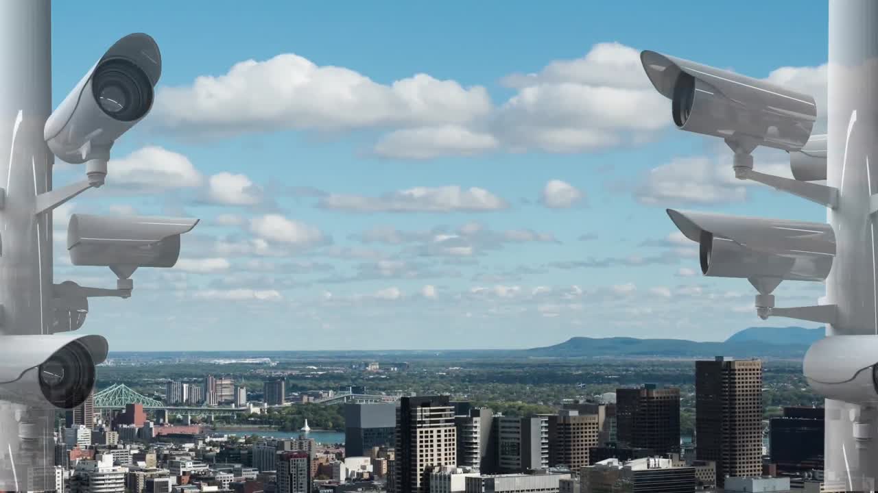 animación de cámaras de vigilancia con la ciudad en el fondo