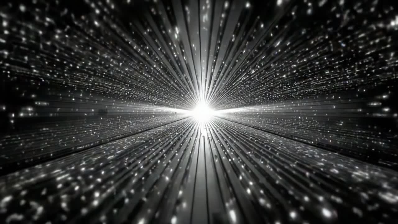 A mesmerizing journey through an infinite dark tunnel filled with radiant lights, showcasing brilliant stars converging towards a central brilliant source of illumination