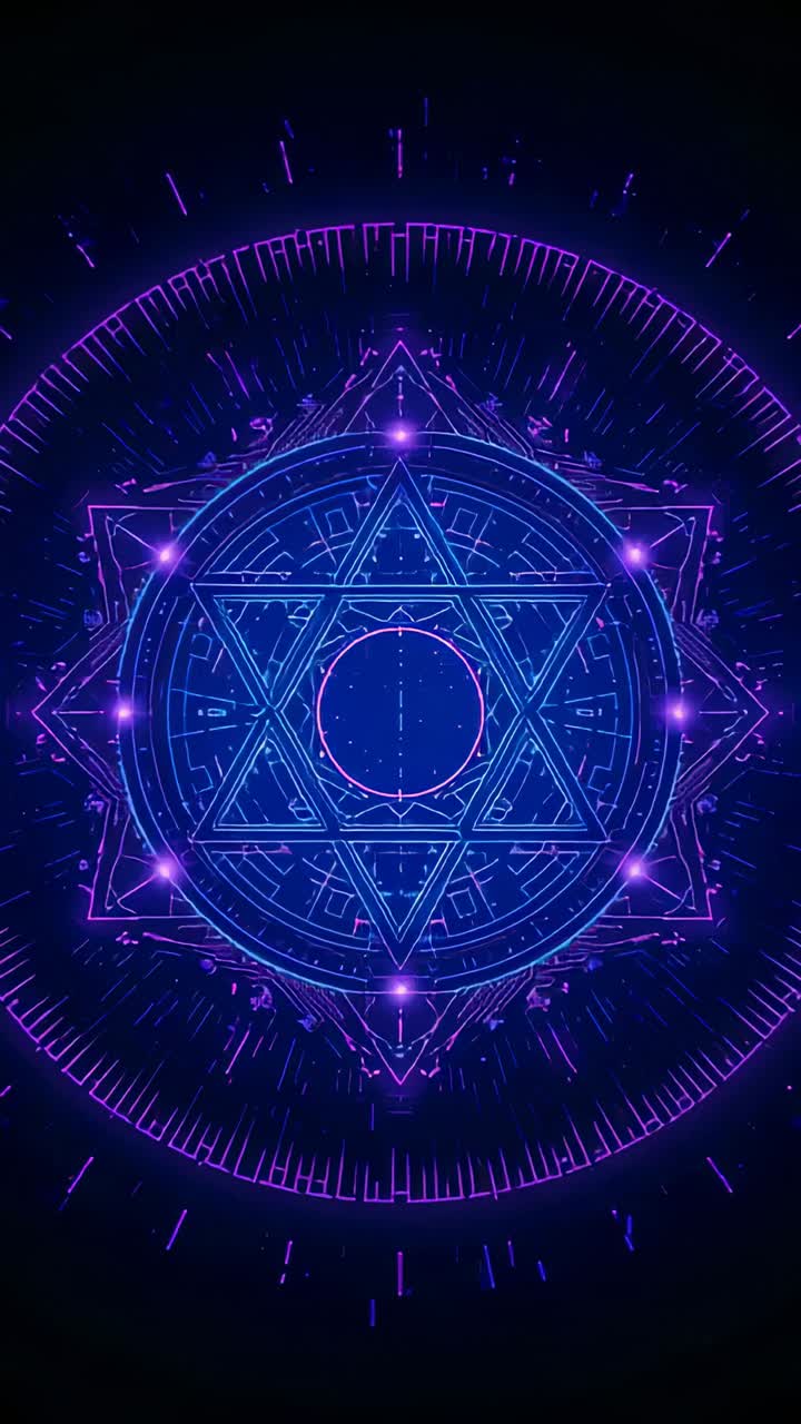 Vertical video: Looping neon mandala pulsing, sparking and scanning in dark void as UI, six nodes