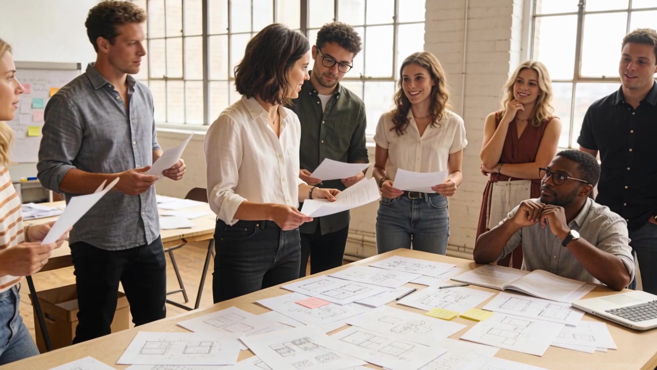 Leaning woman in white blouse organizing printed plans at loft as group gathering for review
