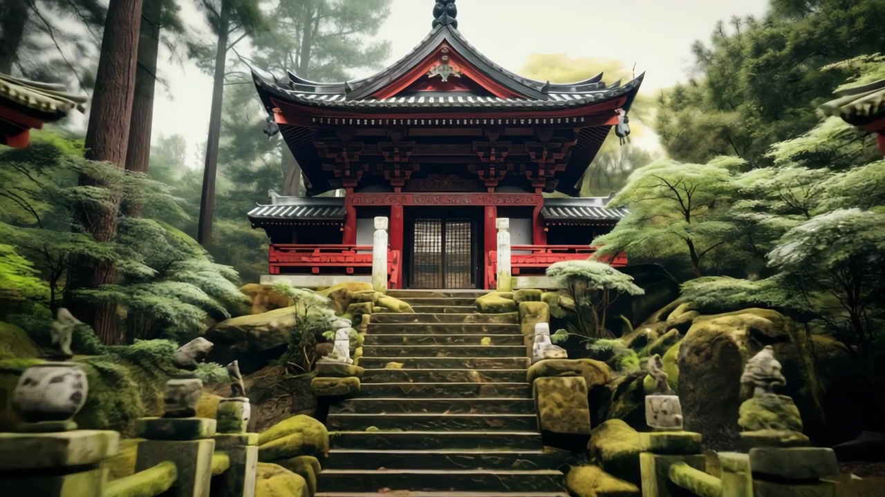 Traditionel japansk tempelindgang i rolige skovomgivelser