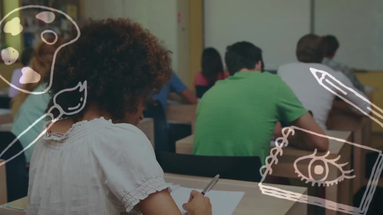 animación de equipos de arte sobre felices estudiantes adolescentes biraciales y diversas en la clase escolar