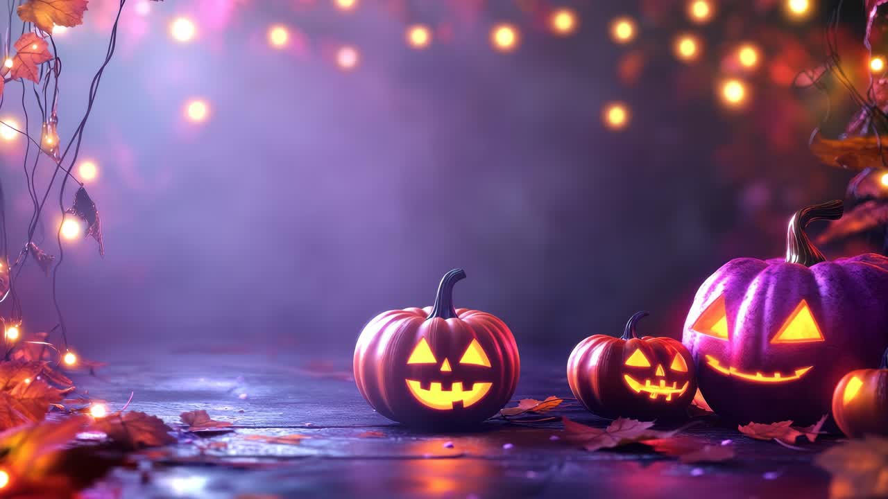 Low-angle shot of glowing jack-o'-lanterns on a misty night with twinkling lights, perfect