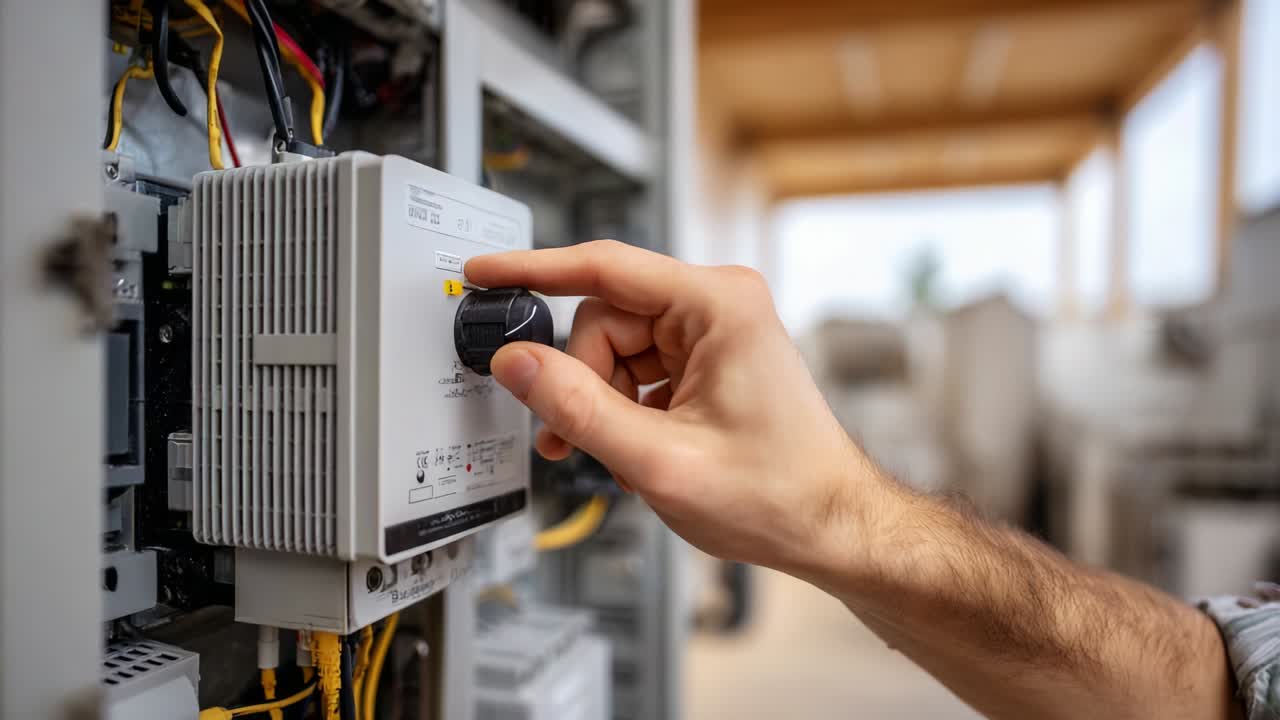 Adjusting Control Knob on Electrical Equipment: A Close-Up View of Hand Manipulating Settings on Modern Control Panel for Precision in Operations and Functions