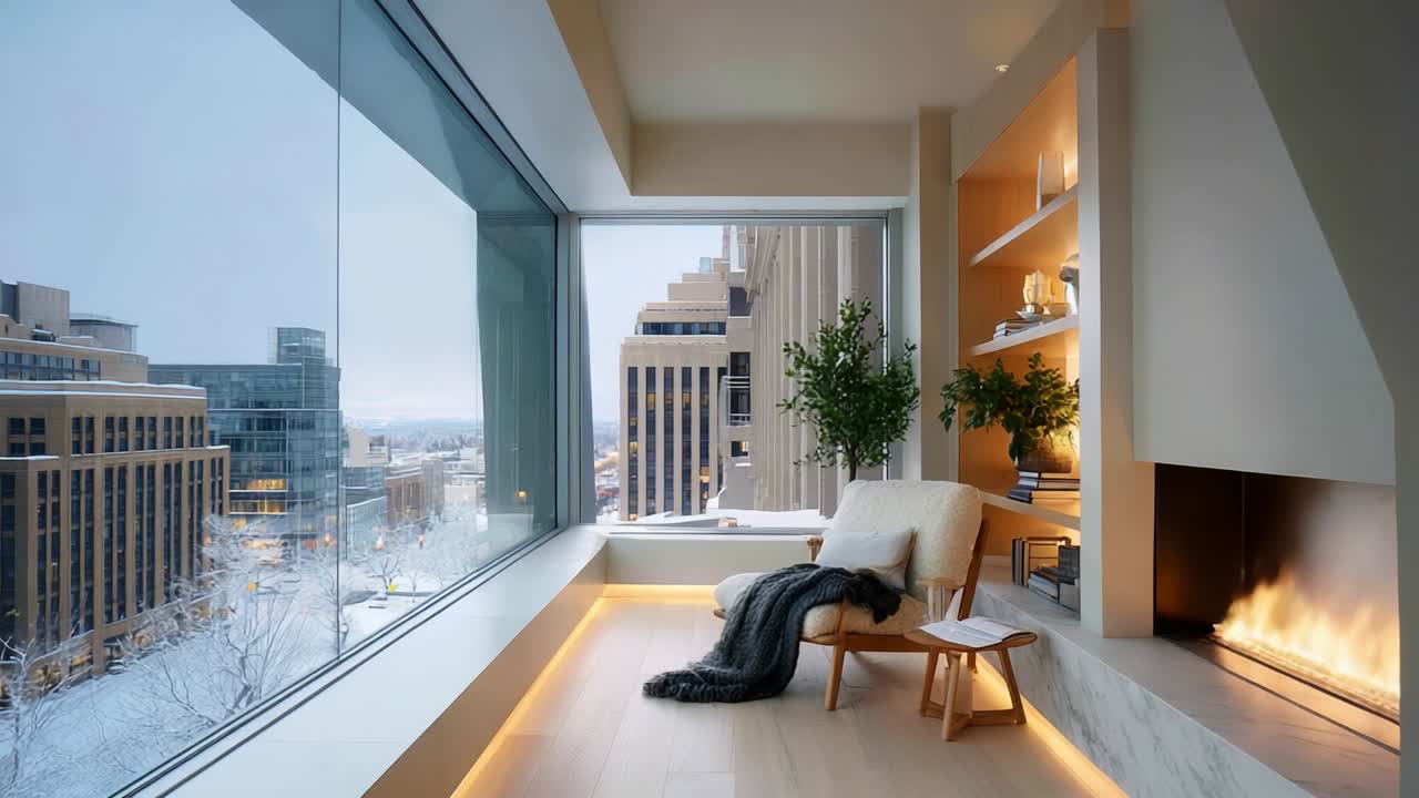 A Cozy Modern Living Space with Elegant Décor Featuring a Panoramic City View, Soft Lighting, and a Warm Fireplace, Perfect for Relaxation and Enjoying the Winter Season Inside