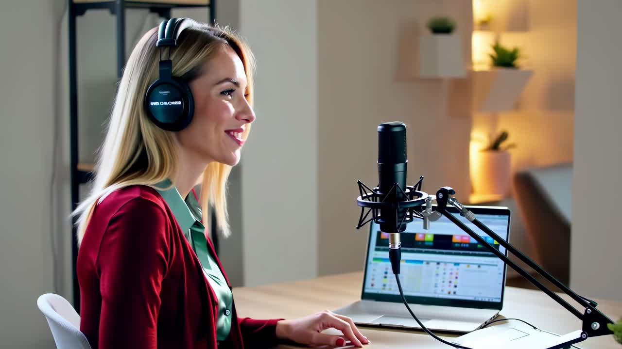 una mujer está sentada en un escritorio con una computadora portátil y un micrófono