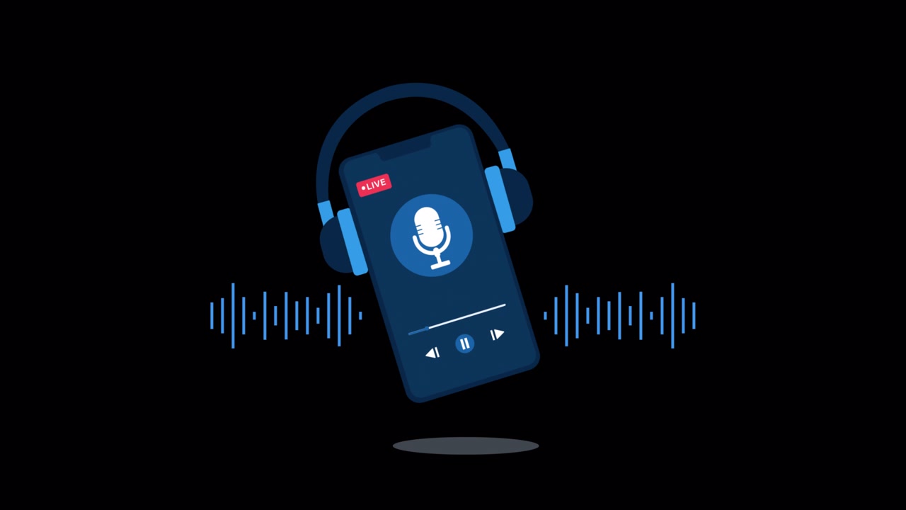 Smartphone con cuffie e animazione dell'interfaccia di un podcast dal vivo
